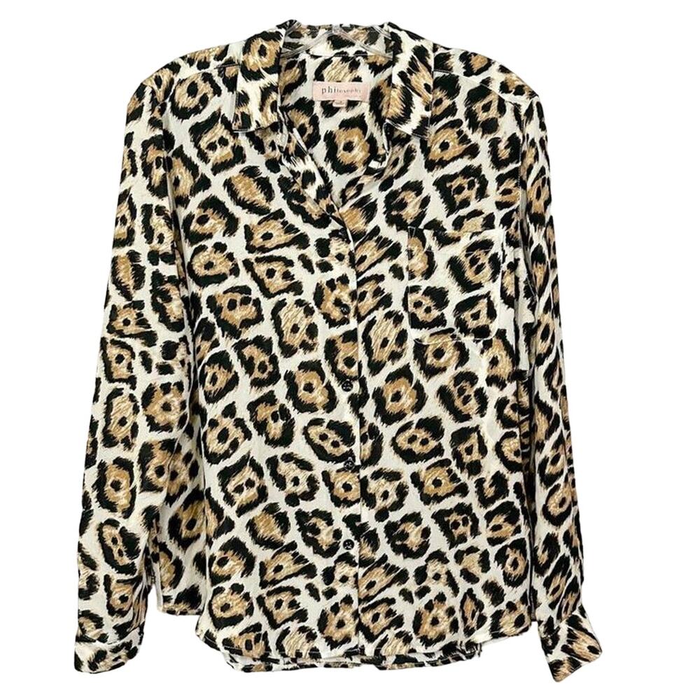 Philosophy Womens Leopard Print Collared Button-Up Blouse Brown Black Size Small